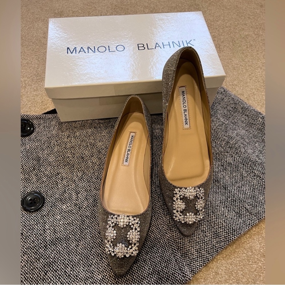 Manolo Blahnik beautiful shimmery bronze.